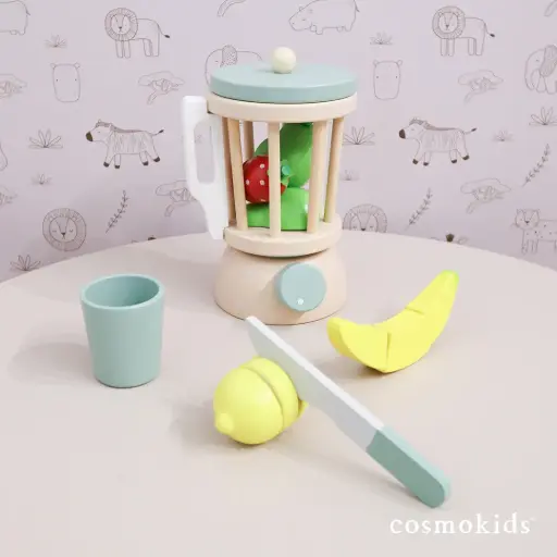 Licuadora con frutas de madera